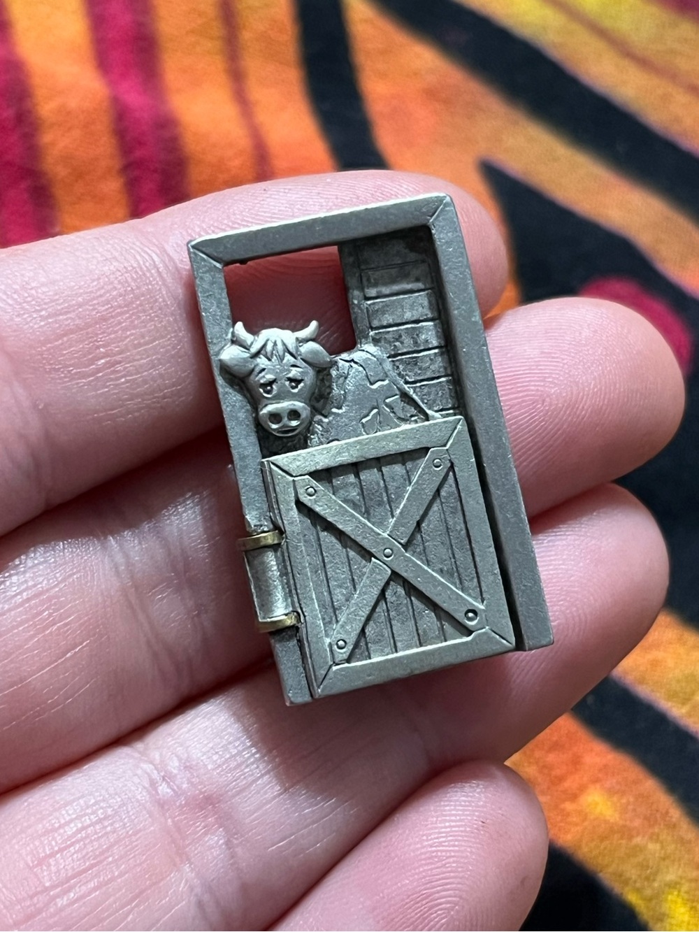 Vintage JJ Jonette 88 Pewter Cow Milking Funny Costume Jewelry Brooch
